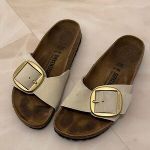 Birkenstock Cream Slides with Gold Big Buckle